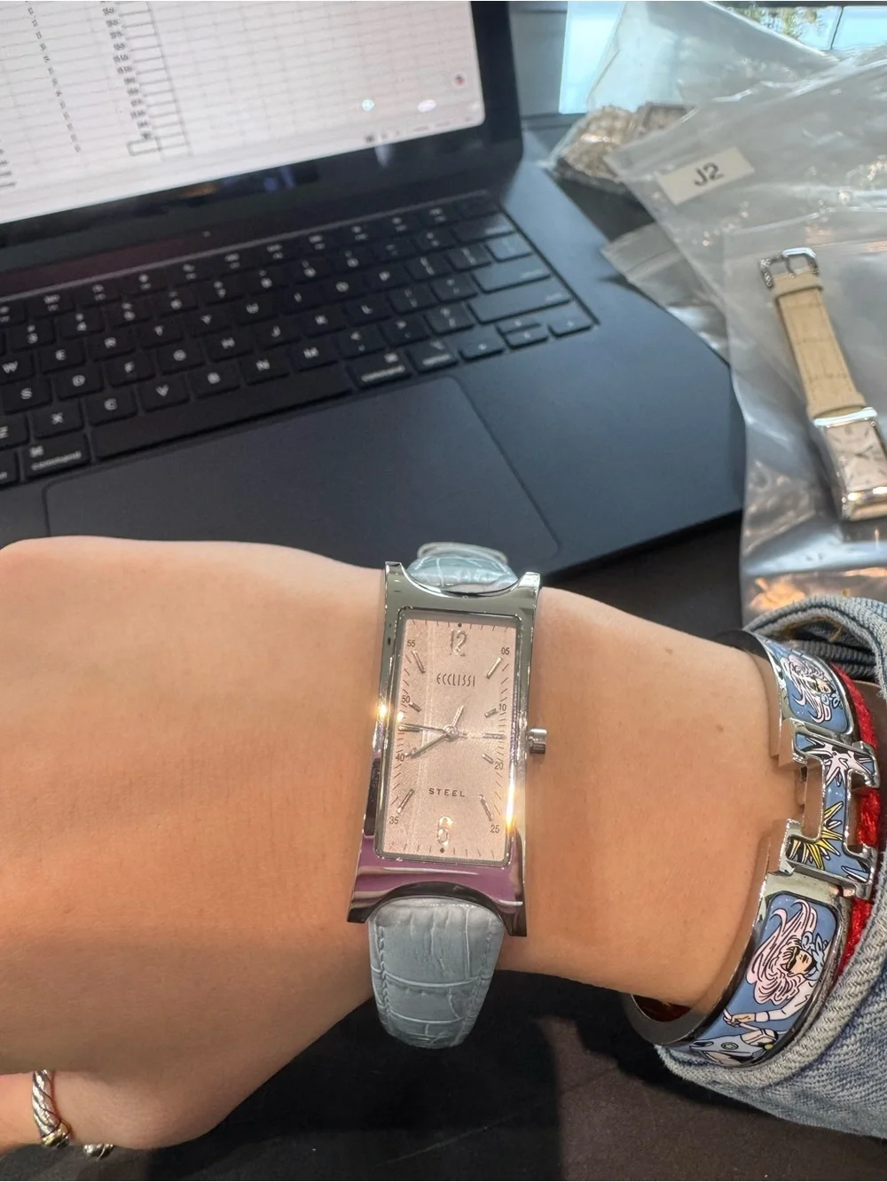 New Vintage Ecclissi rectangular steel watch w/ blue gator strap